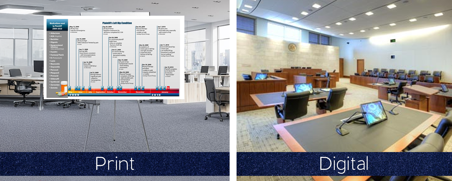 side by side images: one high-tech office with old school color printed timeline on foam board afixed to an easel, the other image is of a courtroom with audio video trial equipments installed