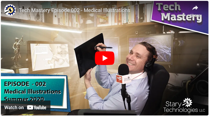 This YouTube link takes you to Tech Mastery Episode 2 for Medical Illustrations - the YouTube thumbnail is an image of Franz Stary sitting at an office table working on a medical illustration with a Wacom Tablet