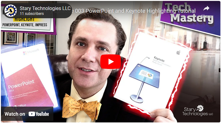This YouTube link takes you to Tech Mastery Episode 3 for Highlighting text and documents in PowerPoints and KeyNote - the Youtube thumbnail is an image of Franz Stary holding up retro software packaging boxes of Keynote and PowerPoint