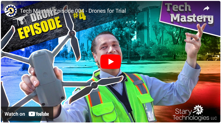 This YouTube link takes you to Tech Mastery Episode 4 for Drone Footage for Trial Exhibits - the YouTube thumbnail is an image of Franz stary holding a DJI Air 2 drone standing in a city park