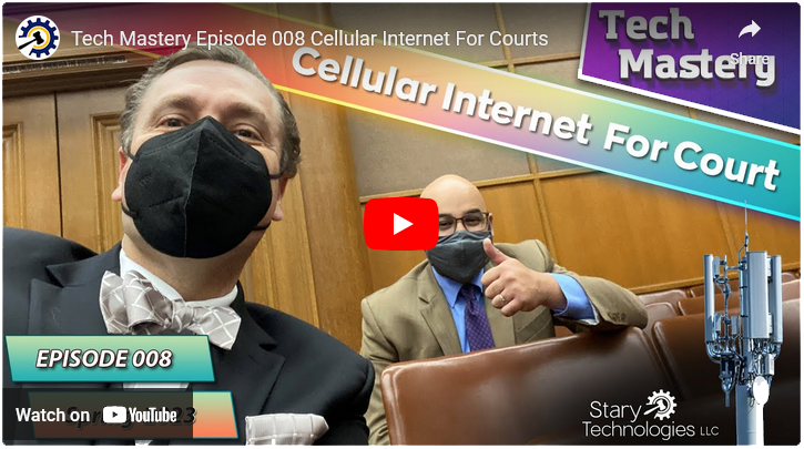 This YouTube link takes you to Tech Mastery video Episode 8 on Courtroom Cellular Wi-Fi connectivity - the image thumbnail is of Franz Stary sitting in the back of the Stanley Mosk Courthouse with Juan Torres