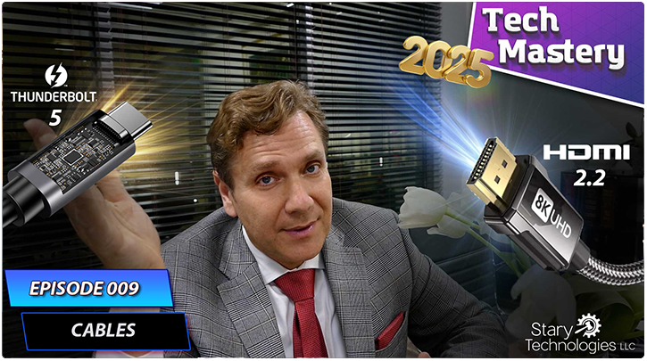 This YouTube link takes you to Tech Mastery video Episode 9 on HDMI and Thunderbolt cable categories and the various stanards and specifications each cable version supports in respect to audio, video and data - the Youtube video thumbnail is a photo of Franz Stary sitting at a desk with HDMI and Thunderbolt cables flying into the image with glowing beams of light